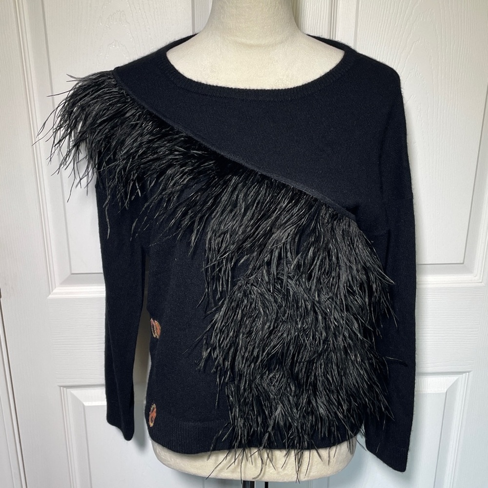 Scripted Black Cashmere Ostrich Feather-Trimmed Long Sleeve‎ Sweater Size Small